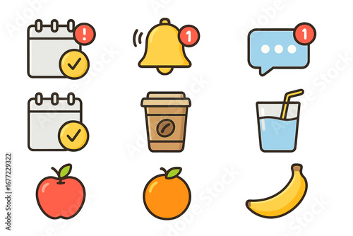 Daily routine icon set. Notification, reminder, message alert for mobile app. Healthy food, fruit, coffee and water drink icons. Vector cartoon illustration for UI/UX design.