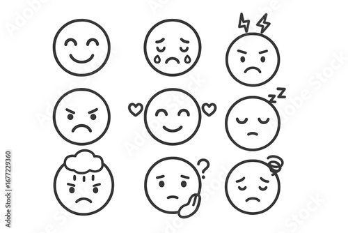 Emotion icon set. Mental state emoticons. Happy, sad, angry, love, confused, tired faces. Psychology mood concept. Vector line art illustration. Facial expression symbols.