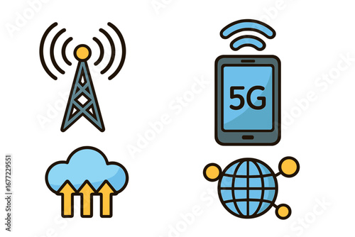 5G technology icon set. Fast mobile internet communication. Wireless network, global connectivity. Cell tower, smartphone, cloud upload, data transfer. Vector cartoon symbols.