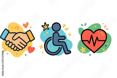 Set of icons representing collaboration, accessibility, and health. Handshake for teamwork, person in wheelchair for disability inclusion, and a heart with a pulse for medical care.
