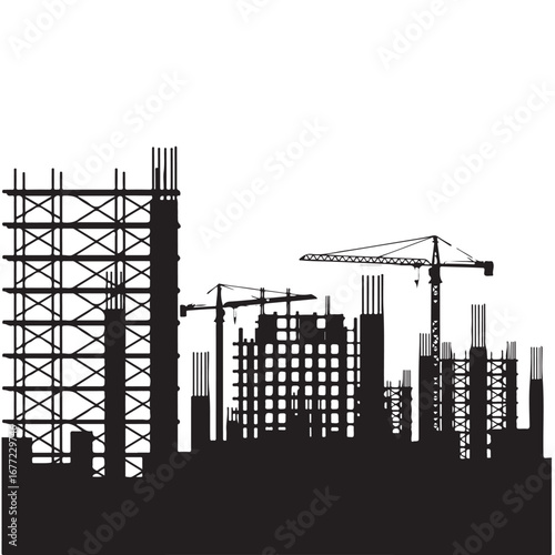 Construction Site Silhouette with Cranes and Unfinished Buildings in a City