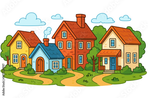 Various styles of houses in a colorful and cheerful neighborhood. Vector cartoon illustration of a cozy village street. Concept for real estate, property, community, and suburban life.