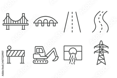 Infrastructure construction line icon set. Civil engineering, urban development and public works icons. Bridge, road, highway, excavator, power pylon, sewer, and barrier.