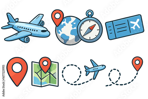 Air travel and vacation icon set with airplane, globe, map, and compass. Vector cartoon illustration for tourism, flight path navigation, destination, and transportation concepts.