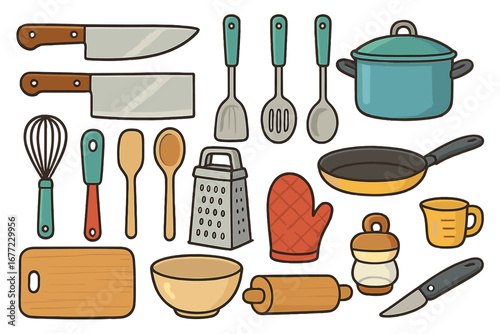 Kitchen utensils and cooking tools icon set. Vector cartoon flat lay illustration. Culinary equipment collection for food preparation. Knife, pot, pan, whisk, cookware.