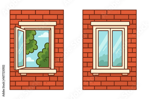 Open and closed window on brick wall. Comparison concept. Before and after. Outside view of summer sky, clouds, tree. Opportunity, new beginning, freedom vs isolation.