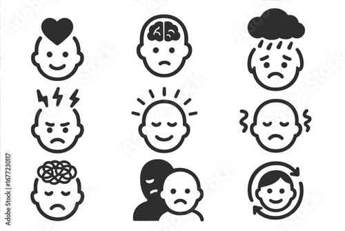 Mental health icons. Psychology and emotion signs. Bipolar disorder, depression, anxiety, stress, anger, calm, love, confusion. Therapy and mental well-being vector concept.