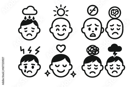 Mental health icon set. Psychology, emotion, and mood concepts. Sad, happy, anxiety, stress, depression, confused face. Brain, head silhouette. Line art vector illustration.