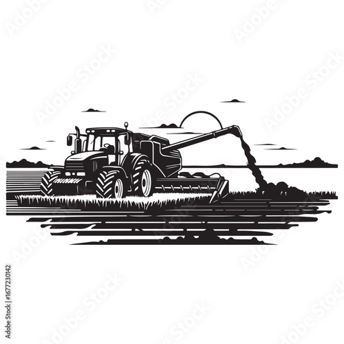 Agricultural Combine Harvester Working in a Rural Field at Sunset