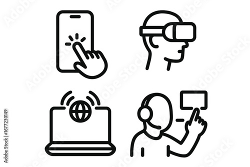 Modern technology icons representing digital interaction, virtual reality experiences, internet connectivity, and customer support in minimalist vector cartoon style with transparent background