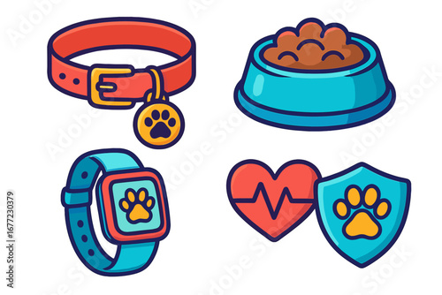 Pet care essentials vector icons set including collar with tag, food bowl, smart pet watch, and health monitoring badge in bright cartoon style with transparent background