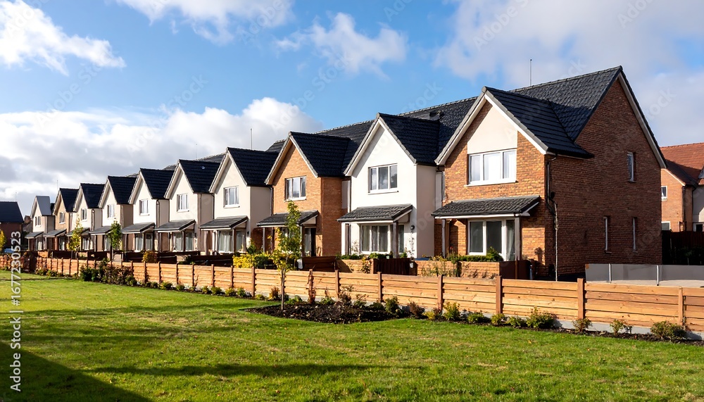 Obraz premium Modern Row Houses New Homes in Subdivision with Green Lawn and Blue Sky.