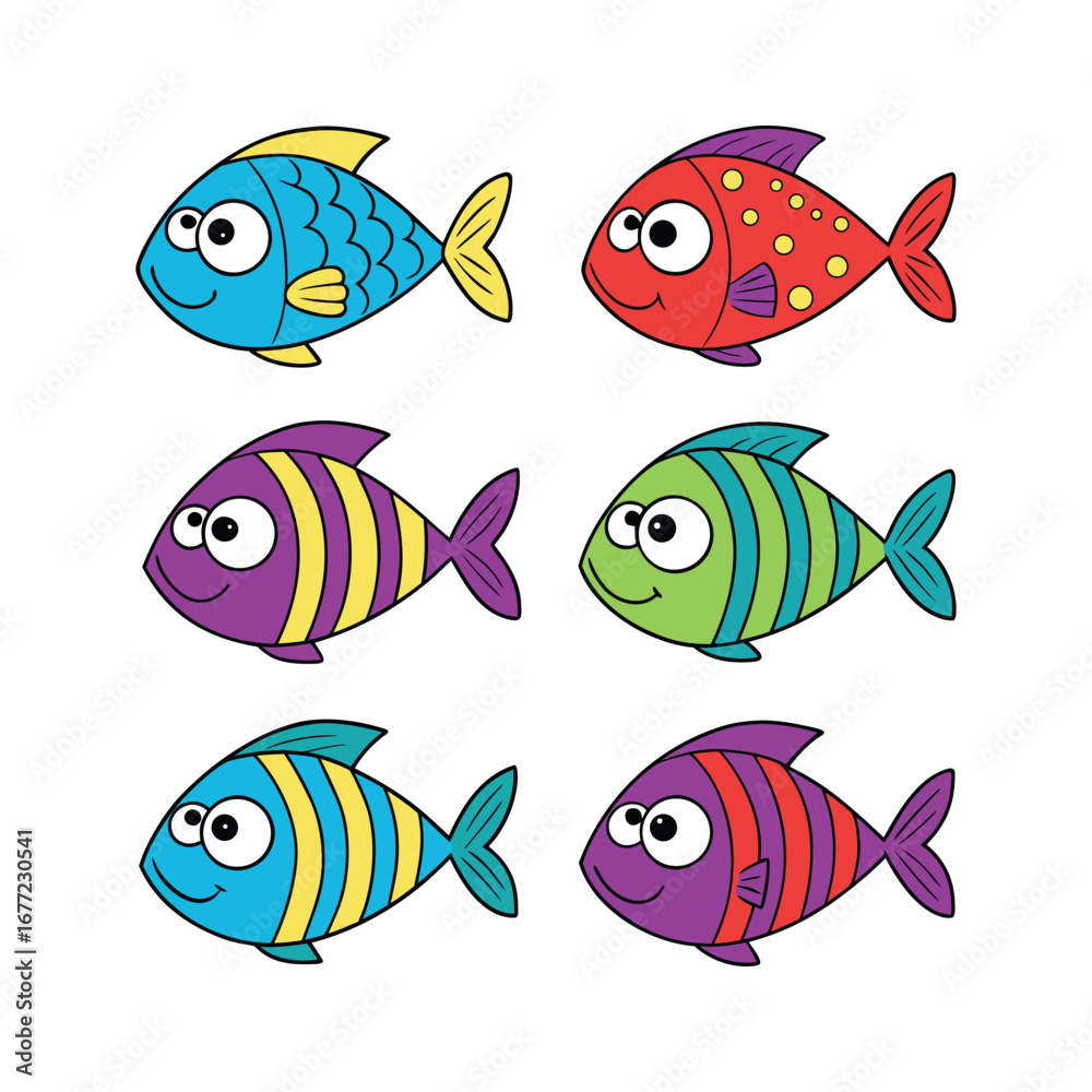 Naklejka premium Six colorful cartoon fish characters swimming together cute aquatic animals childrens book style