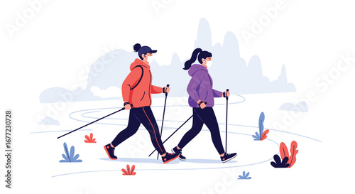 Active couple enjoying outdoor Nordic walking exercise wearing protective face masks