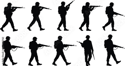 Silhouettes of armed soldiers walking with rifles, military men in motion, combat troop illustration, army personnel vector, war action pose, defense concept