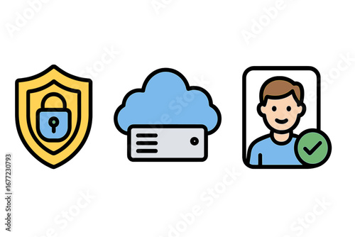 Modern technology icons representing data security, cloud storage, and user verification in digital landscape, colorful vector cartoon illustration with transparent background