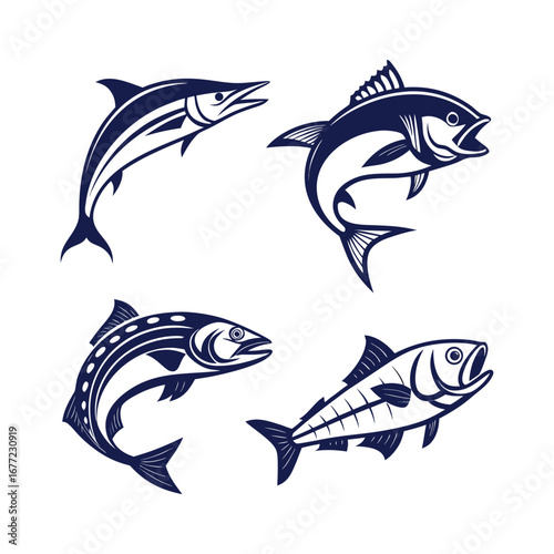 Dynamic marine life four fish jumping out of water with bold blue and white artistic styling