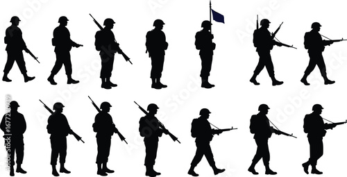 Silhouettes of armed soldiers marching with rifles, military troop walking, army men in uniform, soldier poses, battlefield formation vector, war concept illustration