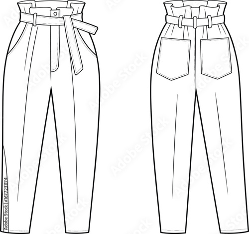 Flat fashion sketch of high waist paper bag pants, front and back view, belted trousers design, women’s garment technical drawing, vector apparel template illustration