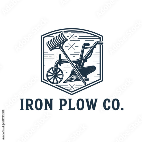 Iron plow farming agriculture, logo design illustration