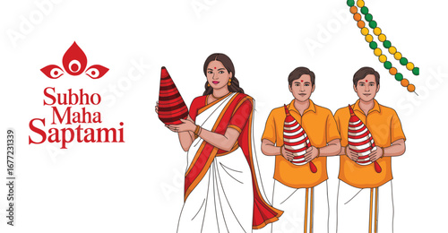 Maha Saptami illustration with stylized goddess eyes, traditional Bengali attire, ritual objects, and festive greeting on cultural background 