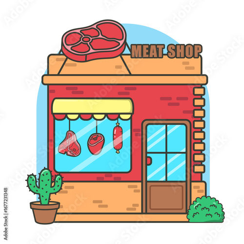 A clean vector illustration of a meat shop with a bold and simple design