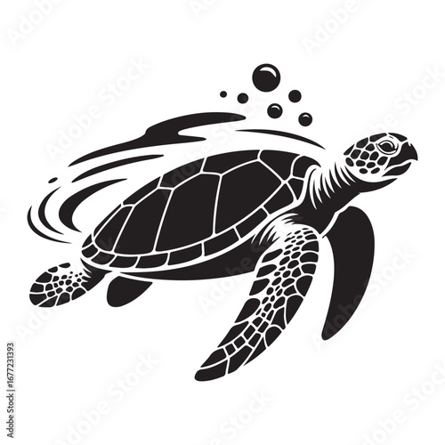Cute green sea turtle vector illustration swimming underwater with coral and other marine life