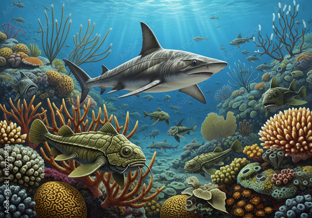 Fototapeta premium Vibrant marine ecosystem with sharks and diverse coral in sunlit underwater scene
