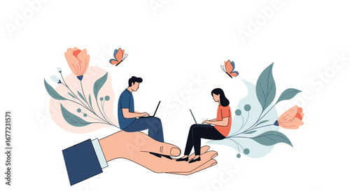 Confident professionals collaborating remotely with digital tools and nature inspired design elements