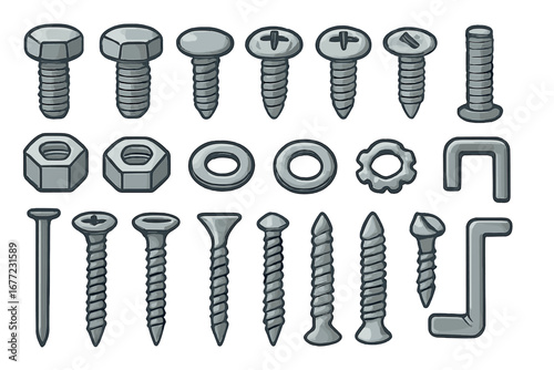 Variety of Metallic Fasteners in Different Shapes and Sizes for Construction and DIY Projects, Vector Cartoon Illustration with Transparent Background, Nuts, Bolts, Screws, Washers, Nails