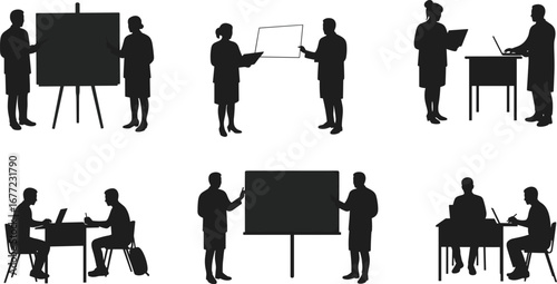Silhouettes of students and teachers discussing, learning with laptop and board, classroom education concept, group study, training session, academic presentation vector illustration