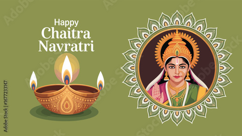  Chaitra Navratri greeting illustration with goddess Durga, ornate triple-flame diya, floral frame, and festive message on muted green background