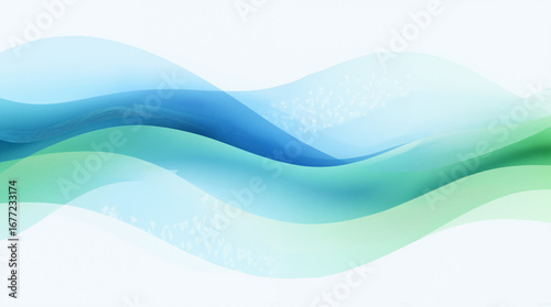 The image shows an abstract blue and green wave background with a white background. The wave is composed of various shades of blue