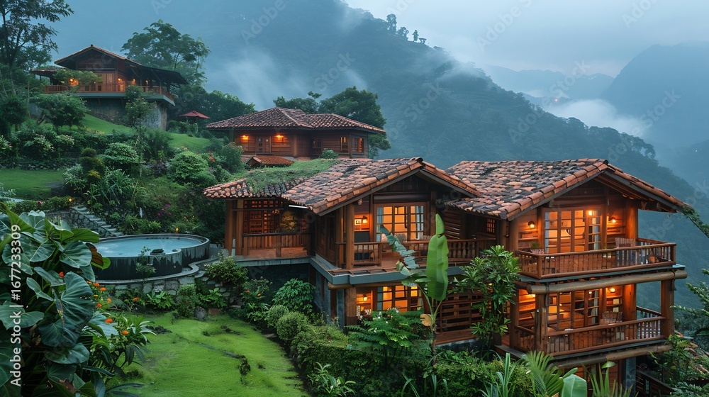 Fototapeta premium Picturesque wooden houses on a green hillside with a mountain backdrop on a cloudy day
