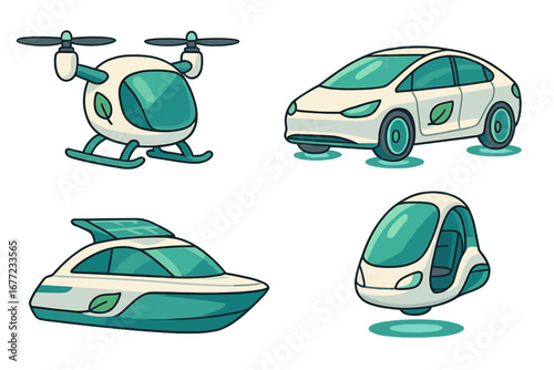 Various futuristic eco-friendly transportation modes including drones, boats, hover vehicles, and electric cars in vector cartoon style illustration showcasing sustainable innovation