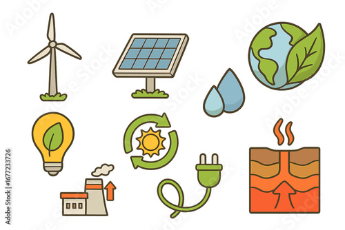 Various Renewable Energy Symbols Showcasing Sustainable Power Sources Including Wind, Solar, Geothermal, and Eco Elements for Education and Awareness, Vector Cartoon Illustration