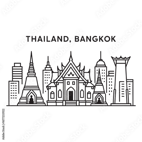 Iconic Bangkok skyline featuring modern and traditional buildings, a vibrant city view, vector illustration