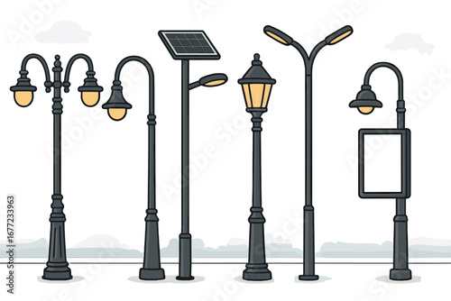 Various styles of street lamps in modern urban setting showcasing unique designs, functions, solar lighting, vintage and contemporary lanterns, vector cartoon illustration background