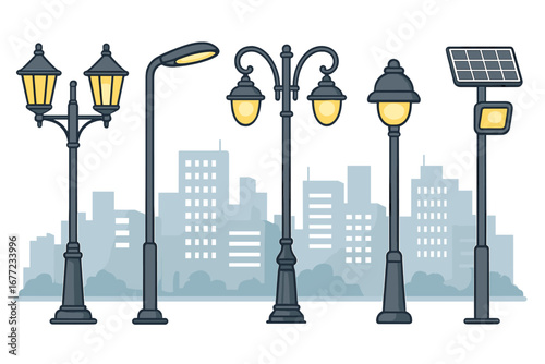 Various styles of street lamps in modern urban cityscape, unique designs and functions, decorative and functional outdoor lighting, vector cartoon illustration with transparent background