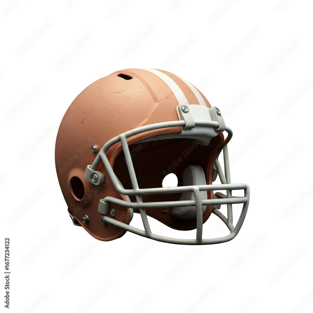 Fototapeta premium Brown Football Helmet with White Stripes and Facemask Isolated on Transparent Background for Game Day