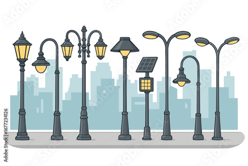 Various styles of street lamps in modern urban setting with unique designs and functions, vintage, solar, decorative, and contemporary lighting options, vector cartoon illustration
