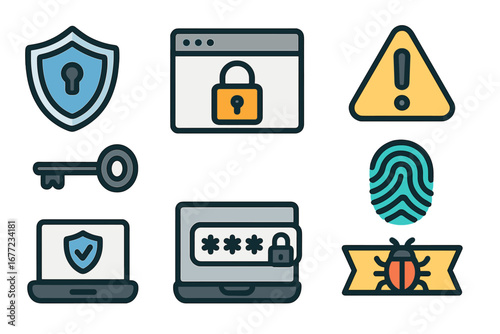 Various cybersecurity symbols including shield, lock, key, fingerprint, warning sign, password and virus bug in modern flat vector cartoon style on clean transparent background