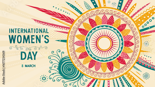 Empowering Abstract Rays Radiating from a Central Circle for International Women's Day with Copy Space