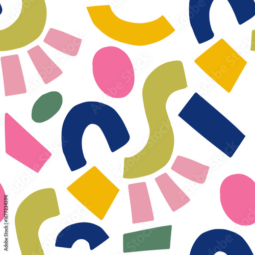 Seamless Abstract Geometric Shapes Pattern in Bright Colors – Modern Memphis Minimal Style Transparent