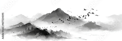 Misty mountain range with birds in flight, painted in grayscale using ink wash technique