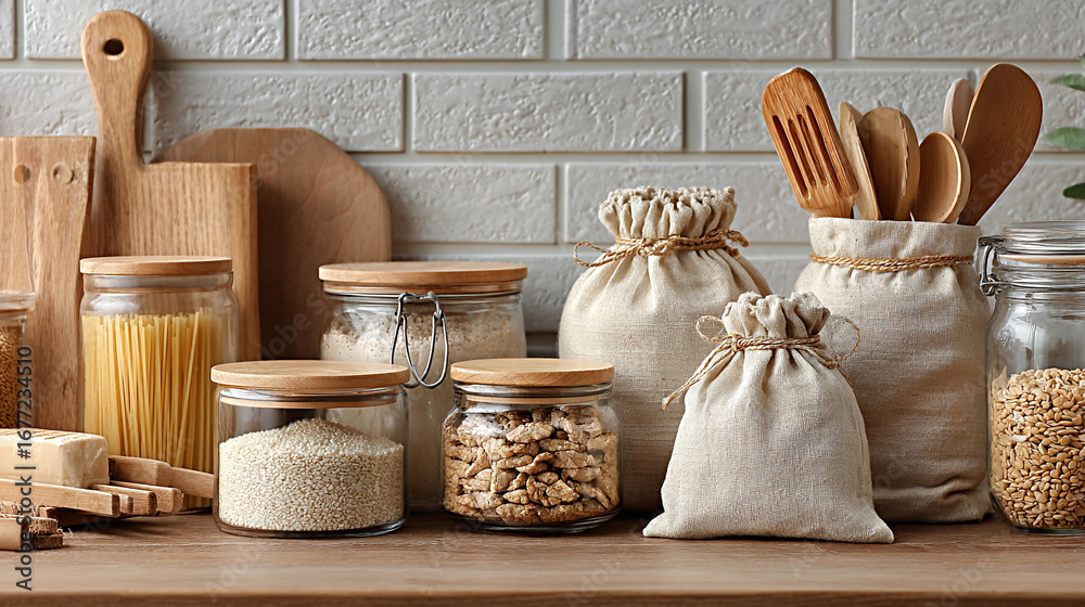 Fototapeta premium kitchen with reusable jars and cereals
