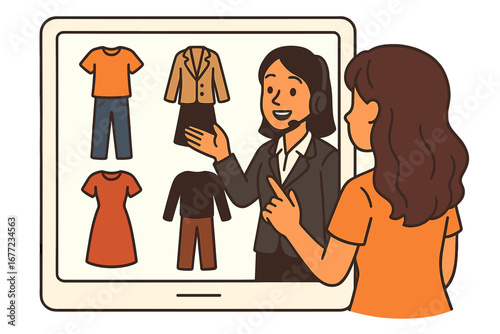 Virtual stylist showcasing outfit selections in modern digital interface, personal fashion consultant online shopping, cartoon vector illustration, transparent background, interactive clothing choices