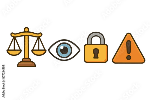 Vector cartoon illustration of legal justice, security and alert concepts featuring balance scales, eye, lock, and warning icons, transparent design, protection and vigilance symbols