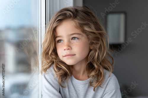 Free Download Thoughtful young child with long wavy hair looking out the window, expressing innocence, contemplation, and daydreaming in a soft natural indoor light setting - GFXLoad