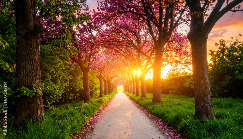 Naklejka premium A sun-drenched path lined with blossoming trees at sunrise, showcasing vibrant colors and a peaceful atmosphere.
